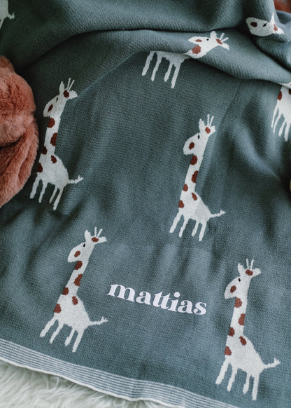 Personalised Baby Blanket in Sage Giraffe Parade